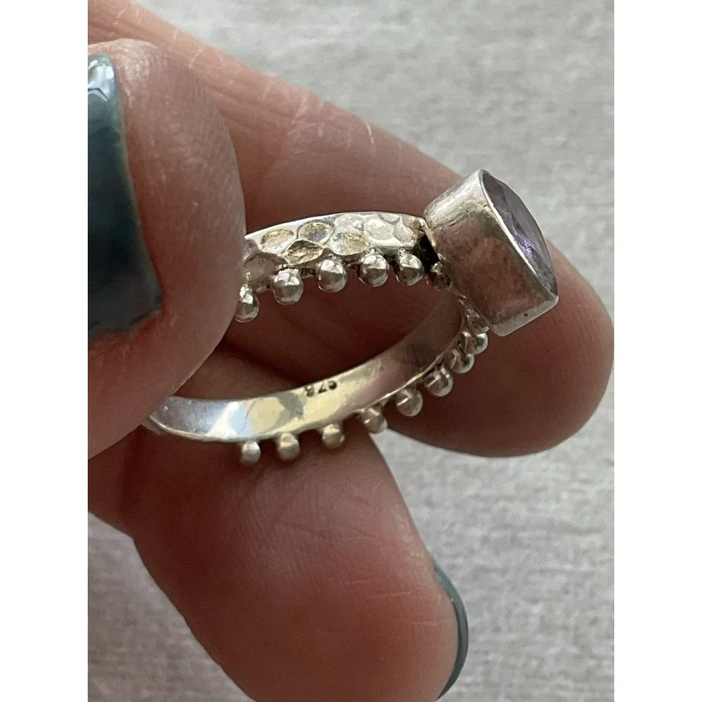 Vintage 925 Sterling Silver Amethyst Ring Size 8 Hammered Estate Jewelry